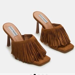 Steve Madden Morina Cognac Suede Brown Fringe Women's Heels